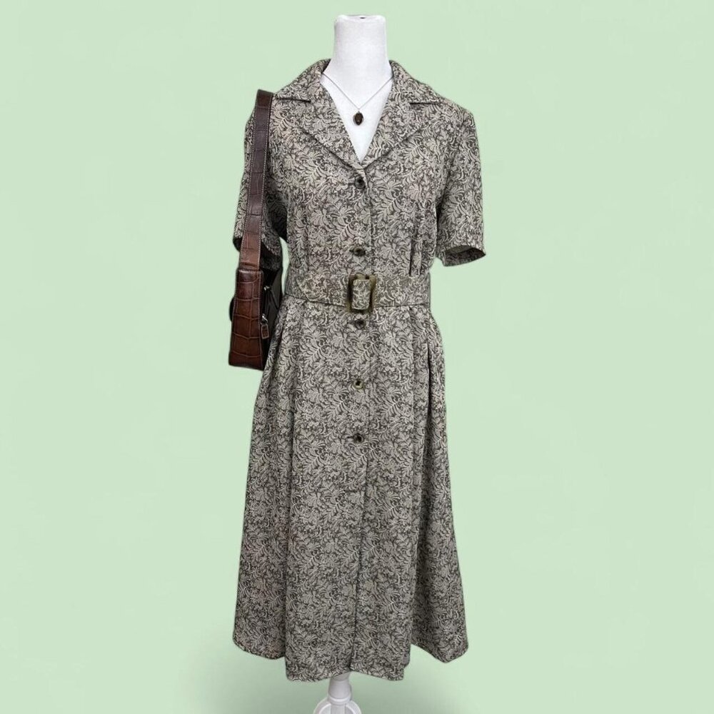 vintage 90s gray beige floral paisley boho cottagecore whimsygoth belted dress